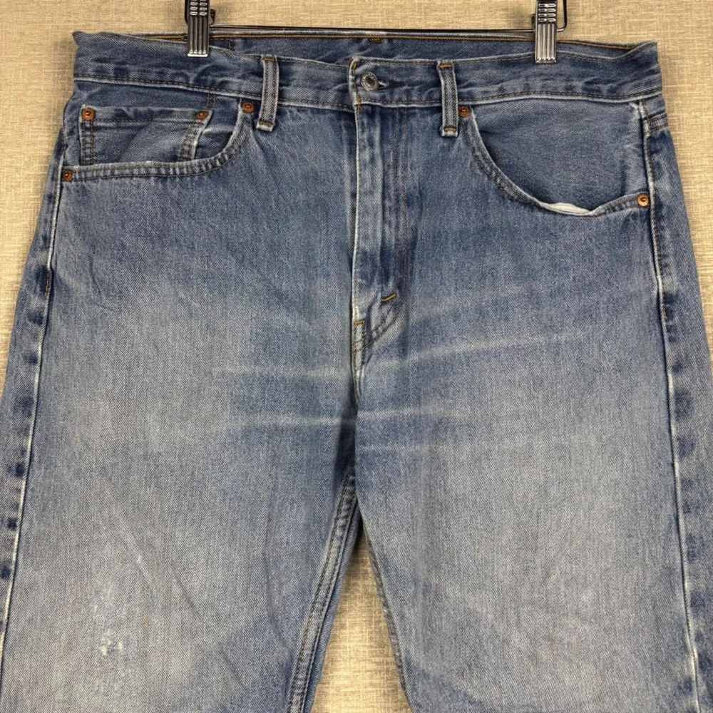 Levis 505 Mens 36x29 Jeans Medium Light Blue Washed Denim High Waisted Fading